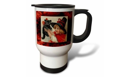  Travel Mug Vintage Halloween Little Girl Holding Black Cat - 14oz 