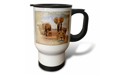  Travel Mug Out of Africa map background and Elephant herd and Lions - 14oz 