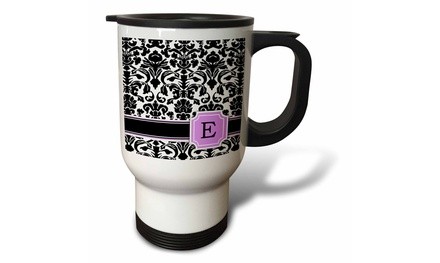  Travel Mug initial E monogrammed pink black and white damask pattern 