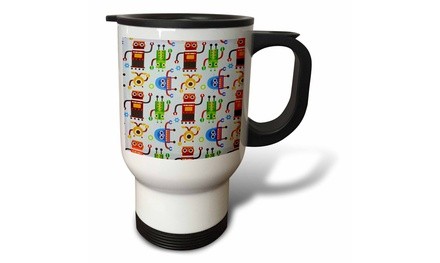  Travel Mug Red Green Blue Robots On White - 14oz 