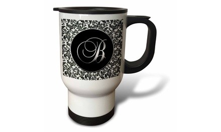  Travel Mug Letter B - Black and White Damask - 14oz 