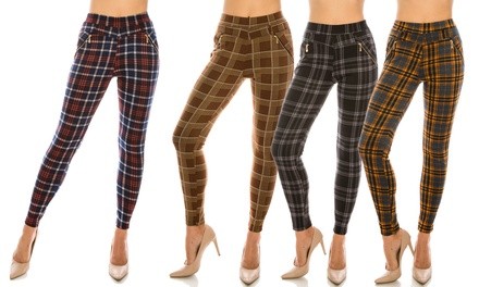 LA12ST Women's Stretchy Plaid Trouser Leggings with Pockets