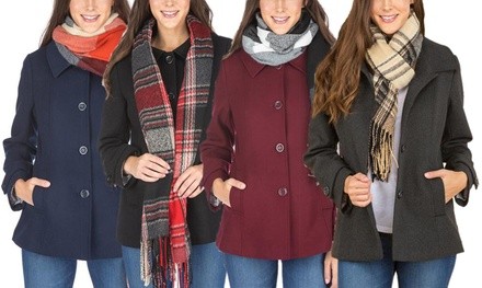 Haute Edition Women's Wool-Blend Car Coat with Free Gift Scarf. Plus Sizes Available.