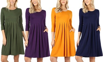 Women's 3/4 Sleeve Pleated Dress with Pockets. Plus Sizes Available.