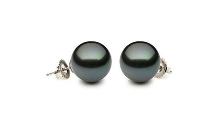 14k White Gold Tahitian Pearl 11.5-12mm Black Stud Earrings