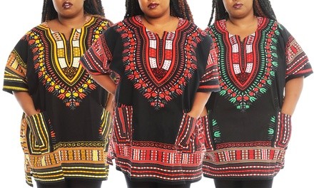 Unisex Dashiki Tunic Top with 2 Pockets. Plus Sizes Available.