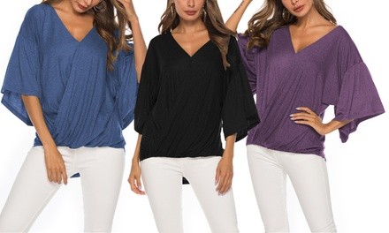 Lilly Posh Bell Sleeve Front Cross Over Knit Top. Plus Sizes Available.