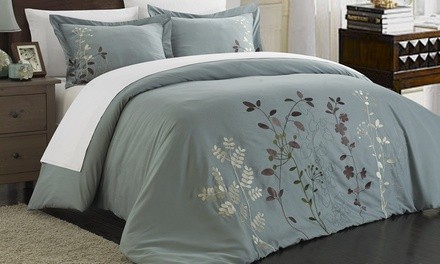 Samantha Floral Embroidered Zipper Closure Duvet Sets (3-Piece) 