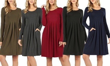 Women's Pleated Empire-Waist Long Sleeve Dress. Plus Sizes Available.