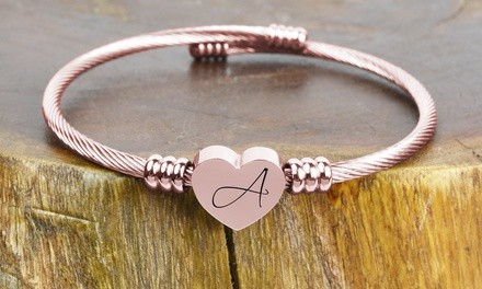 Rose Gold Plated Stainless Steel Heart Cable Initial Bangles By Pink Box