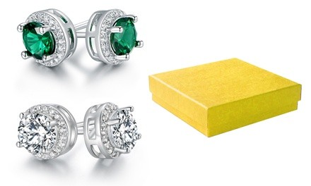 White Topaz and Lab-Created Emerald Halo Stud Earrings by Peermont (2-Pair)