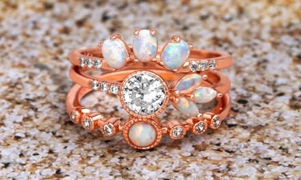 Nina & Grace Opal/CZ Trio Stackable Ring Set in Rose Gold Over Sterling Silver