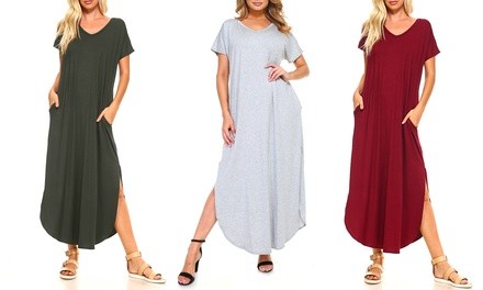 Isaac Liev Women's Short Sleeve Flowy Maxi Dress With Pockets & Side Slits. Plus Sizes Available.