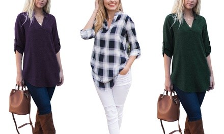 Reflection Women's Notch-Neck Roll-Tab Blouse. Plus Sizes Available.