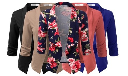 Doublju Women's Ruched 3/4 Sleeve Blazer Jacket. Plus Sizes Available.