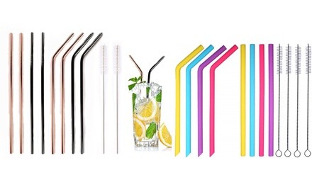 Stainless Steel or Silicone Straws with Cleaning Brush (4- or 8-pack)