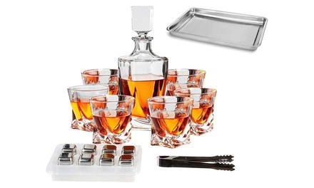 Whiskey Decanter Bar Set with Tray, Cooling Stones, 6 Glasses, and Tong (17-Piece)