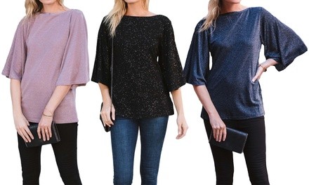 Reflection Women's Sparkle Boatneck Flutter Sleeve Top. Plus Sizes Available