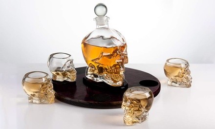 Eravino Large Skull Face Decanter with 4 Skull Shot Glasses and Wooden Base (6-Piece)