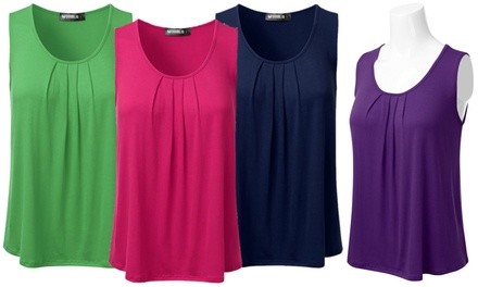 Doublju Women's Scoop-Neck Pleated Sleeveless Tank Top. Plus Sizes Available.