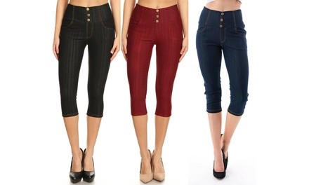 Women's High-Waist Stretchy Capri Jeggings with Pockets(3-Pack). Plus Sizes Available
