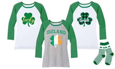 Haute Edition Women's St. Patrick's Day Raglan Tops with Free Socks. Plus Sizes Available.