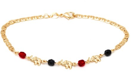 18K Gold Plated Elephant Ankle Bracelet with Black and Red Swarovski Crystals