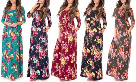 Women's Long Sleeve Fall Floral Maxi Dress with Pockets. Plus Sizes Available.