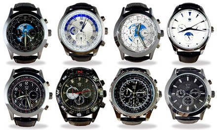 Men's Automatic Stainless Steel Chronograph Watch with Leather Band