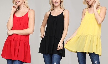 Doublju Women's Layered Chiffon Spaghetti-Strap Tank Top. Plus Sizes Available.