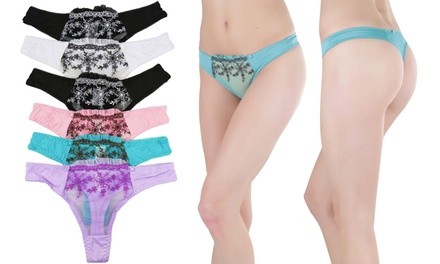 Women's Sheer Flower-Embroidered Thongs (6-Pack) 