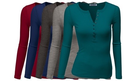 Doublju Women's Thermal Henley Long-Sleeve Top. Plus Sizes Available.