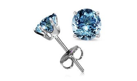 Sterling Silver 1 Carat Aquamarine Cubic Zirconia Round Stud Earrings