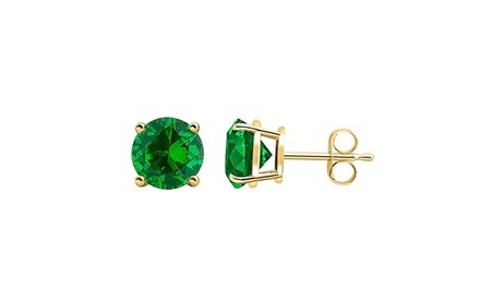 14K Yellow Gold Over Silver Round Created Emerald 10MM Stud Earrings 