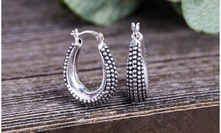 Willowbird Sterling Silver Oxidized Beaded Hinge Back Hoop Earrings