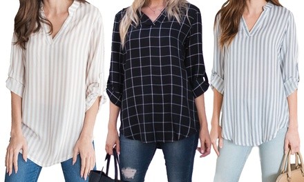 Reflection Women's Printed Notch-Neck Roll-Tab Blouse. Plus Sizes Available.