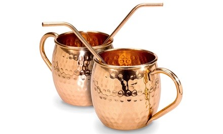 16oz. Moscow Mule Mugs Set with Bent Straws and Cleaning Brush