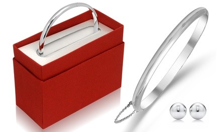 Sterling Silver Bangle with Ball Stud Earring Set with a Gift Box by Paolo Fortelini