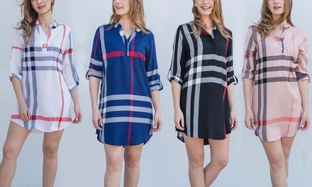 Reflection Women's Roll-Sleeve Casual Plaid Woven Dress. Plus Sizes Available.