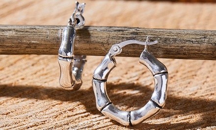 Italian Sterling Silver Artisan Bamboo Hoop Earrings by Verona