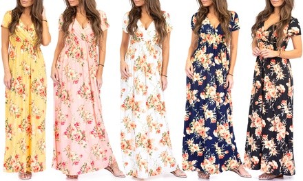 Women's Surplice Maxi Dress with Floral Pattern. Plus Sizes Available.