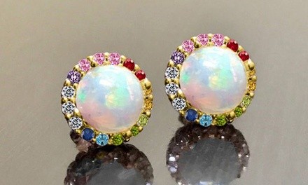 White Opal and Multi-Color Swarovski Crystal Halo Studs by Valencia Gems
