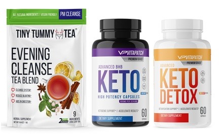 VitaPatch Tiny Tummy PM Cleanse Tea, Keto BHB, and Keto Detox Supplement (3-Pack)