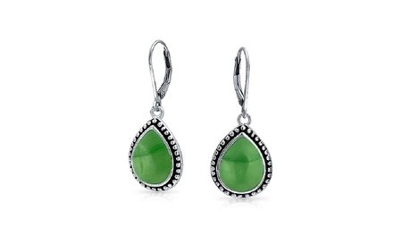 Bali Style Jade Framed Teardrop Leverback Earrings Sterling Silver