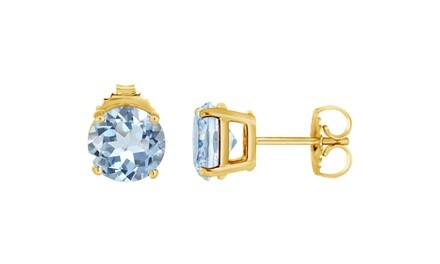 Round Natural Aquamarine Stud Earrings 14K Yellow Gold 2.00 Carat