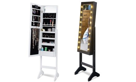 Mirrored Free-Standing Jewelry Armoire Organizer Cabinet with 18 LED Lights