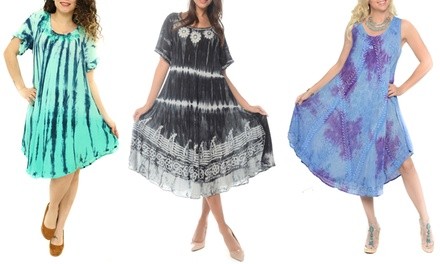 Women's Tie-Dye Batik Print Long Dress with Embroidery. Plus Sizes Available.