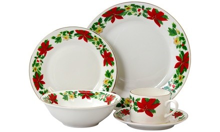 Poinsettia Holiday Rim Decorated Dinnerware Set (20-Piece)