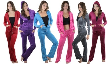 Women's Hooded Velour Loung Tracksuit Set (2-Piece)