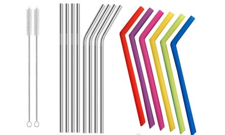 Reusable Eco-Friendly Stainless Steel or Silicone Straws with Brush (5-,7-,8-,10-,14-,16-,20-Piece)